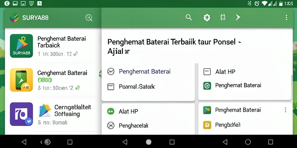 Screenshot aplikasi SURYA88 menunjukkan antarmuka penghematan baterai yang user-friendly.