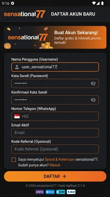 Tampilan halaman daftar sensational77